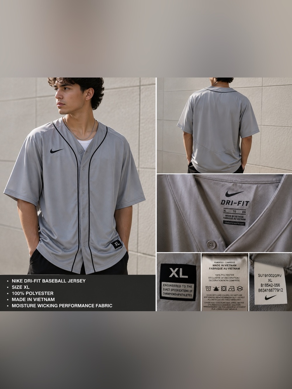 Nike Dri-FIT Baseball Jersey Gray Button Front Athletic Shirt XL